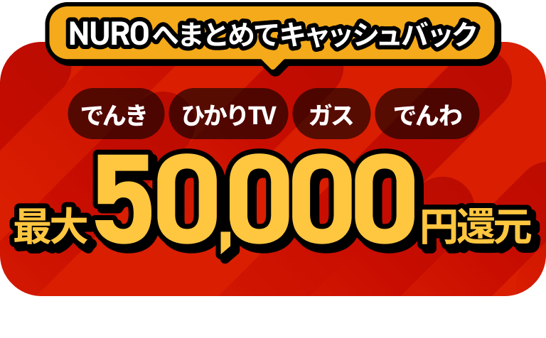 NUROへまとめてキャッシュバック(でんき、ひかりTV、ガス、でんわ)最大50,000円還元 リンクを開く